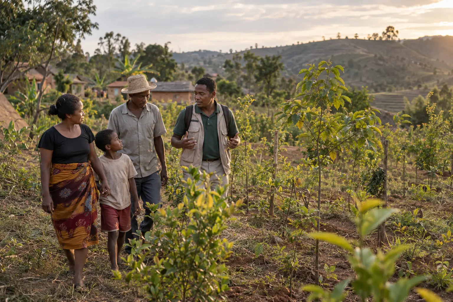 Visualisation conceptuelle d'une équipe partenaire visitant une jeune parcelle à Madagascar