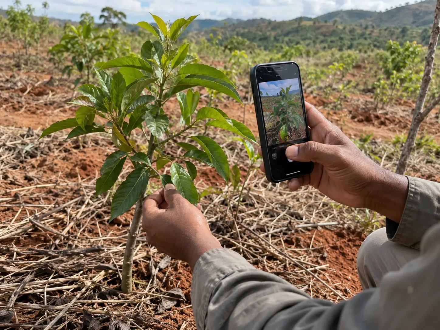 Visualisation conceptuelle d'un contrôle terrain d'un jeune arbre avec un smartphone